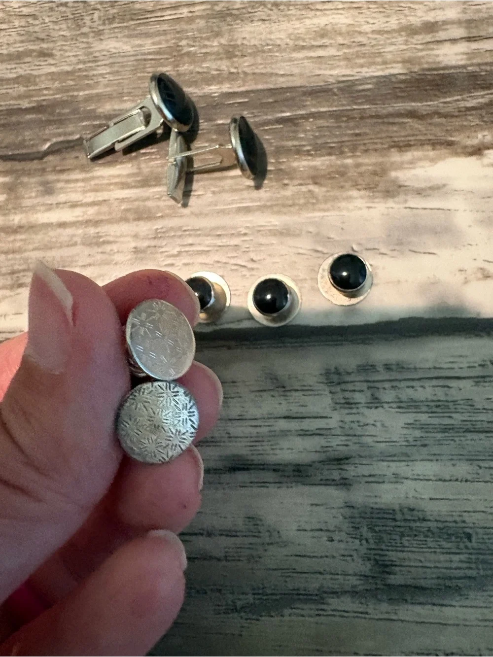Silver Cufflinks and Stud Set with Black Inset